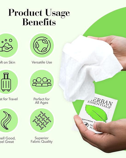 Herban Essentials - Peppermint Wipes & Towelettes - Essential Oil Wipes for Hands & Body - Travel Size Essentials and Toiletries - Natural, Individually Wrapped, Disposable & Moist Refresh (7 count)