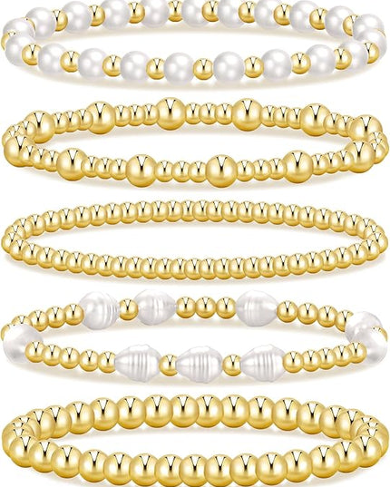 Gold Beaded Bracelets for Women, 14K Real Gold Plated Jewelry for Women Dainty Pearl Bead Bracelets Stack, Non Tarnish Trendy Stackable Ball Cross Stretch Bracelet Set Fashion Accessories Gifts