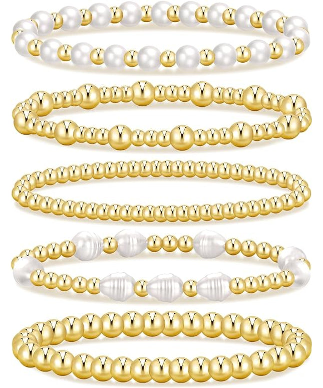 Gold Beaded Bracelets for Women, 14K Real Gold Plated Jewelry for Women Dainty Pearl Bead Bracelets Stack, Non Tarnish Trendy Stackable Ball Cross Stretch Bracelet Set Fashion Accessories Gifts