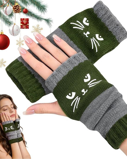 Women's Knitted Fingerless Gloves with Cute Cat Embroidery, Warm Fashion Leaky Finger Casual Cat Splicing Knitted Gloves