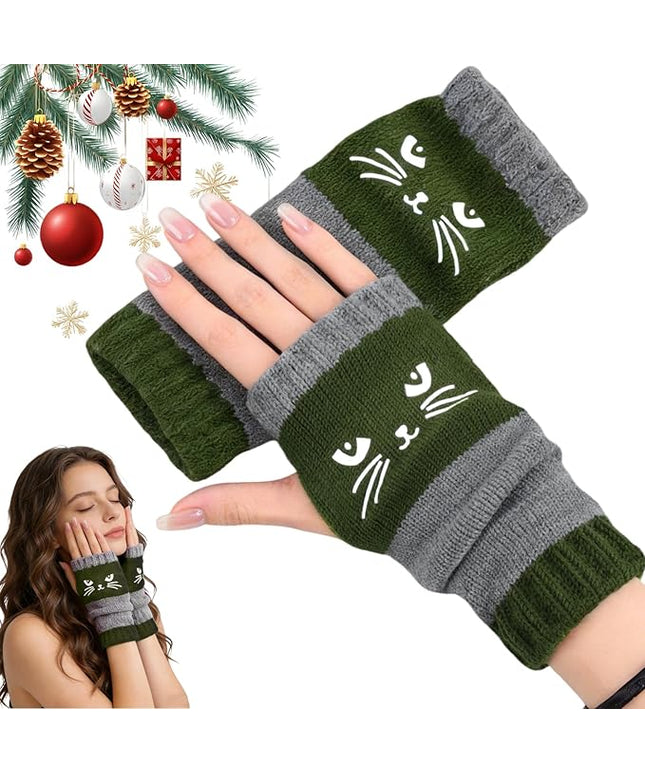 Women's Knitted Fingerless Gloves with Cute Cat Embroidery, Warm Fashion Leaky Finger Casual Cat Splicing Knitted Gloves