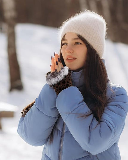 SATINIOR Women Fur Fingerless Gloves Winter Rabbit Fur Lined Half Finger Mittens for Women Girls Teen Working Writing