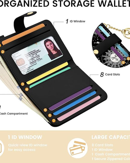 Sodsay Small Slim Wallet Women RFID Blocking, PU Leather Bifold Ladies Wallet with Zipper Coin Pocket, Thin Cute Travel Card Wallets for Girls, Black Celestial Symphony