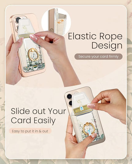 Shorogyt Compatible with Magsafe Wallet with Grip Magnetic Card Holder - Cute Phone Wallets with Ring Stand for iPhone 17/16/15/14/13/12 Series for Women Girls Ink Bouquet Design, Fit 7 Cards