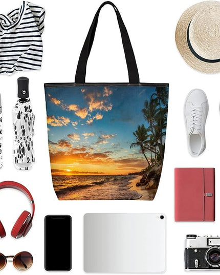 Pardick Palm Tree Beach Print Canvas Tote Bag, Eco Friendly Reusable Grocery Shopping Bags Beach Bag Book Tote Handbags Washable Shoulder Bag With Zipper Inner Pocket for Women Girls