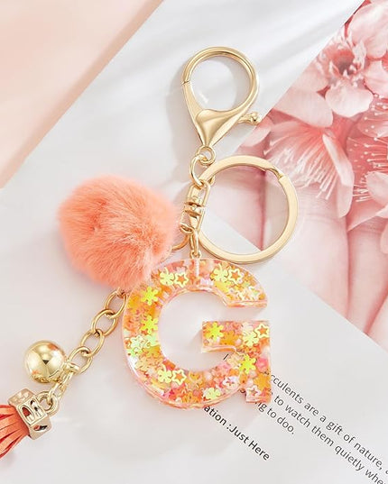 Resin Alphabet Initial Letter Keychain Keyring for Women Purse Handbags With Fur Ball Pom