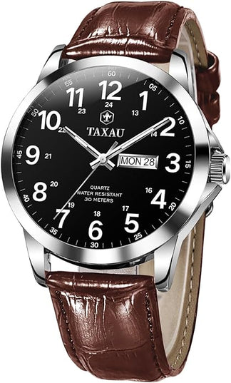 Men's Watches Leather Band Stainless Steel Quartz Analog Watch Luxury Waterproof Watches for Men Dress Men's Wrist Watch with Day Date Arabic Numeral Relojes para Hombre