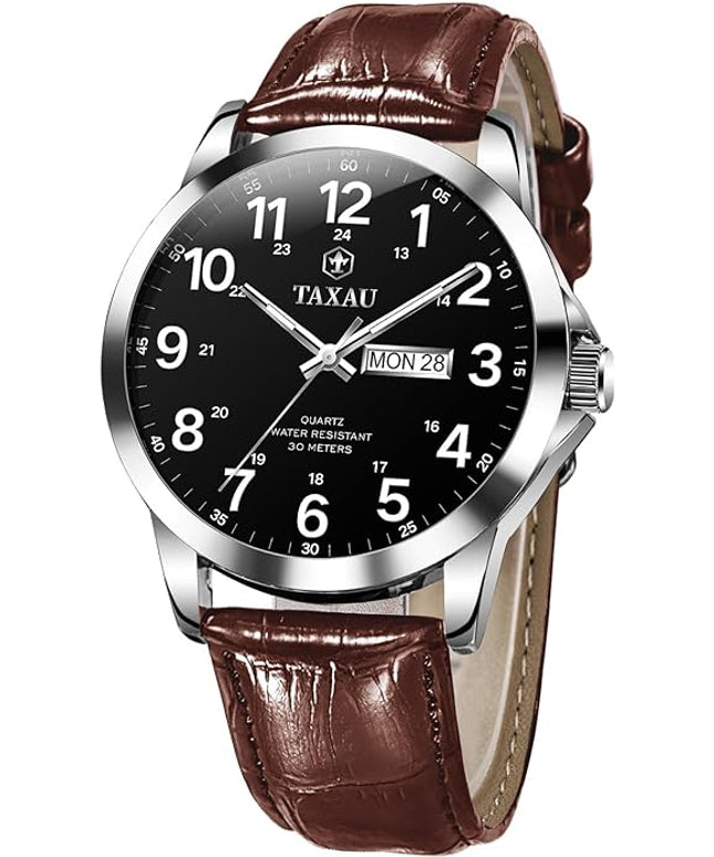 Men's Watches Leather Band Stainless Steel Quartz Analog Watch Luxury Waterproof Watches for Men Dress Men's Wrist Watch with Day Date Arabic Numeral Relojes para Hombre