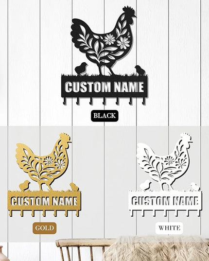 LOWACOS Personalized Key Holder for Wall, Custom Metal Chicken Key Hooks with Name, Meta Jacket Holder Hooks Organizer Rack, Jacket Hanger Decor for Kitchen, Entryway, Hallway, Office, Doorway