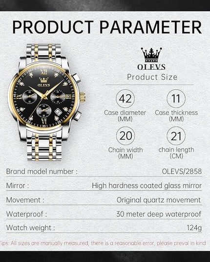 OLEVS Men's Luxury Watch Waterproof Luminous Easy Read Chronograph Watches Full Gold/White Dail/Black Face with Calendar Wristwatch