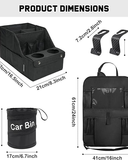 Car Organizer and Storage 5-in-1 Set with Front Seat Organizer, Backseat Organizer, Car Trash Can & 2 Headrest Hooks, Universal Car Storage Accessories for SUV Truck & Sedan Vehicle