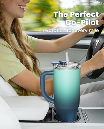 Renoj Tumbler with Handle 100% Leak Proof Insulated Water Bottle for Iced Coffee & Hot Drinks - Fits Car Cup Holder, Ideal Gift, 2 Straws & Silicone Boot BPA-Free - SnapShift Blue Gradient 40 oz