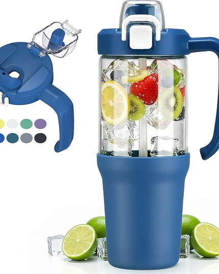 32oz Glass Water Bottle, 2-in-1 Straw and Sip Spout Lid, Leakproof Wide Mouth Tumbler with Handle, BPA-Free Reusable Bottle for Sports, Office, Outdoor, DBlue