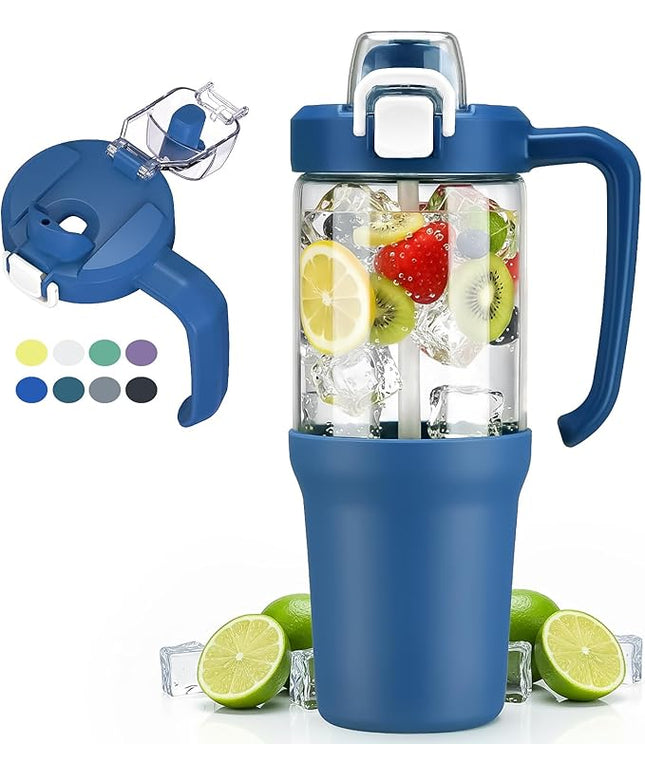 32oz Glass Water Bottle, 2-in-1 Straw and Sip Spout Lid, Leakproof Wide Mouth Tumbler with Handle, BPA-Free Reusable Bottle for Sports, Office, Outdoor, DBlue