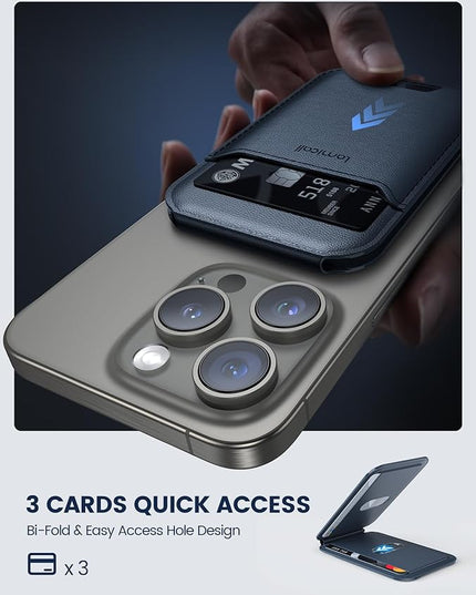 Lamicall Upgraded 2.3oz Light for Magsafe Wallet Stand - Slim Phone 3 Cards Holder, Adjustable Leather Apple iPhone Wallet Stand, Magnetic for iPhone 17/16/15/14 Series, Not for Mini, Dark Blue