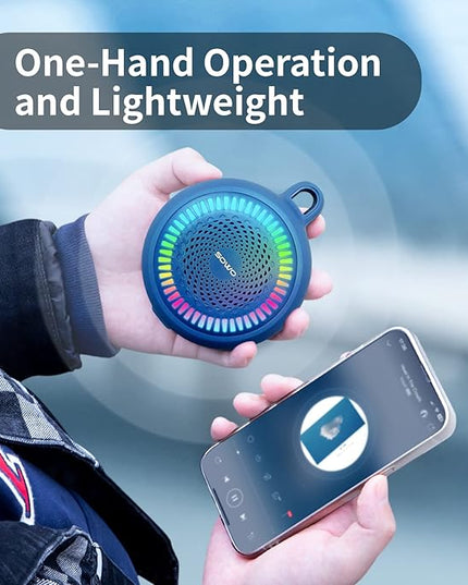 SOWO Shower Bluetooth Speaker Waterproof - Small Portable Wireless Clip Speaker with Louder Volume and Powerful Bass - Colorful Lights and 10H Playtime - Lightweight for Camping,Kayak,Boat - Blue