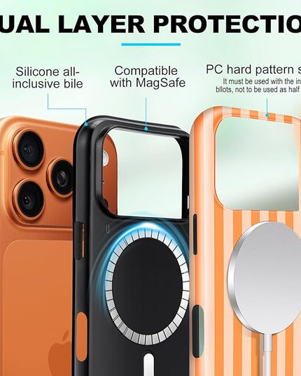 Magnetic for iPhone 17 Pro Case Cute Stripes Phone Case, Shockproof Slim TPU and Hard PC Protective Phone Cover Compatible with MagSafe Designed for Women Girls, Orange