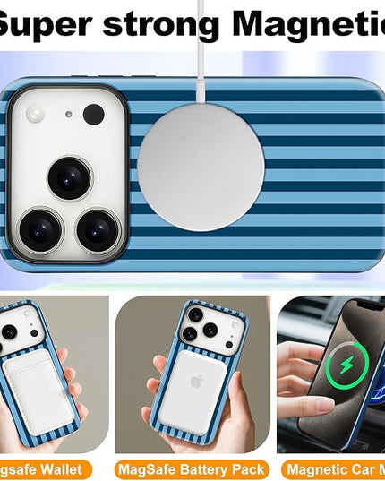 Magnetic for iPhone 17 Pro Max Case Cute Stripes Phone Case, Shockproof Slim TPU and Hard PC Protective Phone Cover Compatible with MagSafe Designed for Women Girls, Lake Blue
