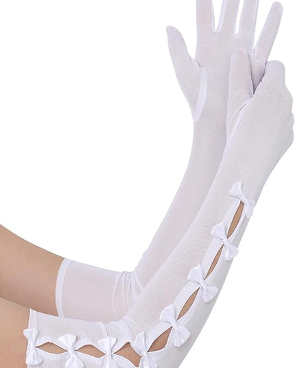 BABEYOND Lace Gloves for Women - Princess Gloves Long Stretchy Bow Mesh Tulle Sheer for Costume Opera Party