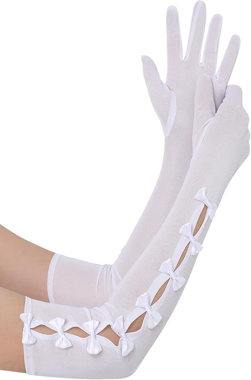 BABEYOND Lace Gloves for Women - Princess Gloves Long Stretchy Bow Mesh Tulle Sheer for Costume Opera Party