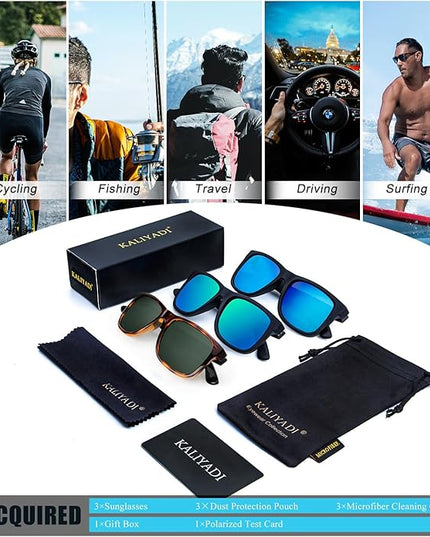 KALIYADI Sunglasses Men Polarized Sun glasses for Mens Womens Classic Matte Black Frame UV Protection 3pack