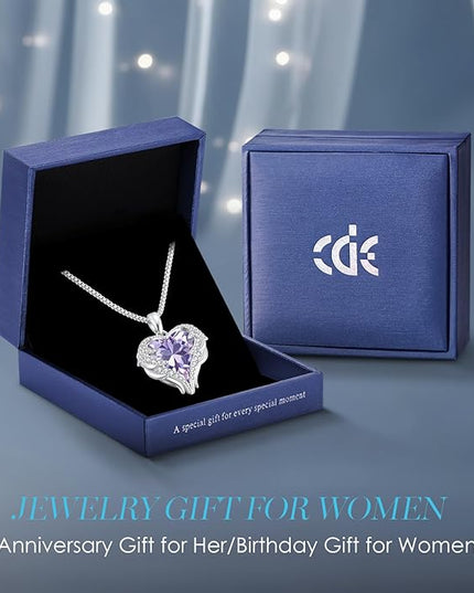 CDE Christmas Gifts for Women Angel Wings Necklace for Women with Birthstone, Love Heart Silver Tone/Gold Tone Pendant, Ideal Anniversary or Birthday Jewelry Gifts for Wife Girlfriend Her