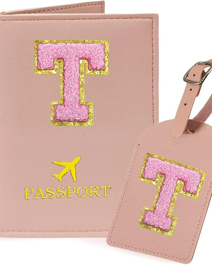 COSHAYSOO Initial Passport Cover Luggage Tag Set Letter Passport Holder Airplane Cruise Travel Essentials Vacation Traveling Accessories Personalized Gifts for Women Teen College Girls Pink T