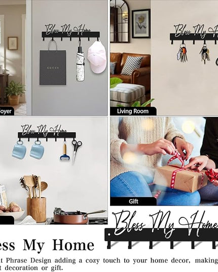 ShowMtheM Exquisite Fashion Phrase Key Holder Wall Mount,Bless My Home Key Kooks for Wall Decoration,Black Metal Key Hanger with 7 Kooks for Entryway,Office,Living Room Decor