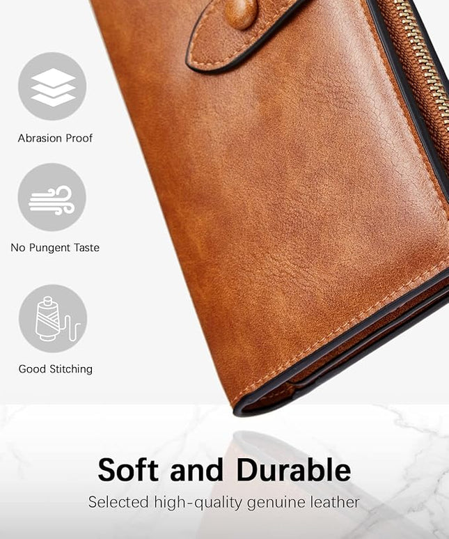 BOSTANTEN Leather Wallets RFID Blocking Large Capacity Trifold Card Holder Ladies Phone Clutch Brown