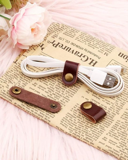 10 Pcs Cord Organizer, Portable Leather Cable Cord Stocking Stuffers for Men USB Straps Earphone Winder with Leather Handmade (Brown/white)