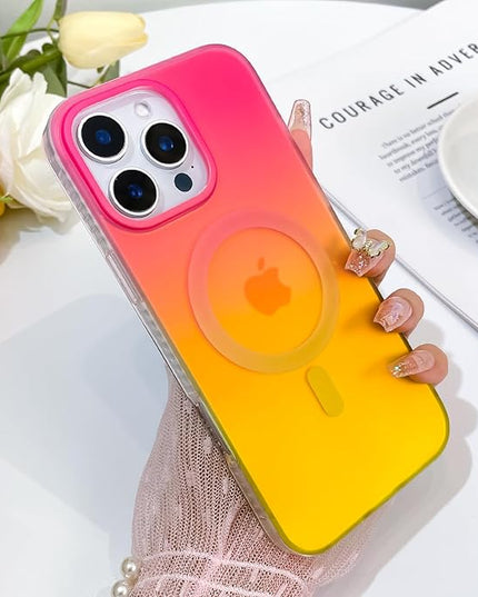 Aesthetic Case for iPhone 16 Pro Max Case for Women Girls, Compatible with Magsafe, Cute Girly Trendy Glitter Sparkly Rainbow Magnetic Protective Phone Cover, Matte Iridescent Red & Yellow