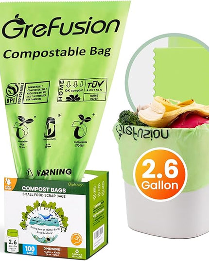 GreFusion 2.6 Gallon Compostable Trash Bags, 100 Count, Extra Thick 0.71 Mil, Certified by BPI and ASTM D6400, Perfect Fit for Small Trash Cans
