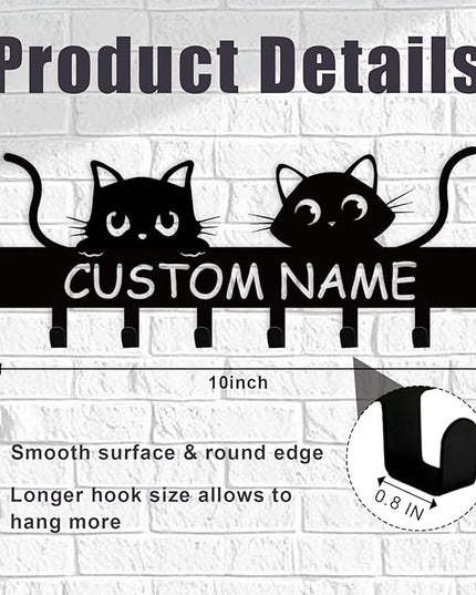Personalized Metal Key Holder for Wall, Cat Key Holder Wall Mount, Custom Name Cat Coat Key Rack with Hook, Key Hanger Gifts for Cat Lovers, Cute Key Holder Organizer for Entryway Bedroom Decor