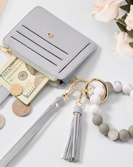 Keychain Wallet with Bracelet RFID Blocking Wristlet Credit Purse Card Holder, Silicone Bead Tassel Key Ring for Women