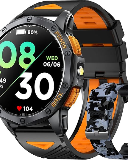 Military Smart Watches Built-in GPS, 170+ Sport Modes for Men with Flashlight, Smartwatch for Android Phones and iPhone, 1.43" AMOLED Screen Bluetooth Call Compass Altimeter (Black & Camo (2 Bands))