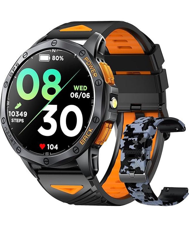 Military Smart Watches Built-in GPS, 170+ Sport Modes for Men with Flashlight, Smartwatch for Android Phones and iPhone, 1.43" AMOLED Screen Bluetooth Call Compass Altimeter (Black & Camo (2 Bands))