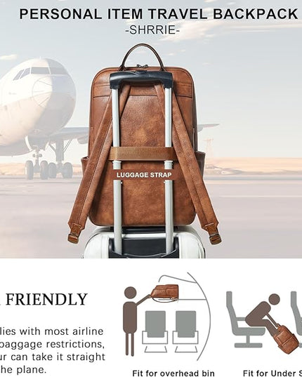 Shrrie 17 inch Leather Laptop Backpack for Women, Large Travel Backpack with 6 Compartments, Vegan Leather Computer backpack purse for WORK Casual Daypack College