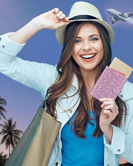 HOTCOOL Passport Holder Travel Essentials Airplane & Cruise Essentials Ship Leather Wallet Cover Case RFID Blocking Women & Men Vacation Travel Accessories Gifts Deals, Glitter - Purple