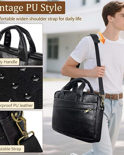 Faux Leather Messenger Bag for Men 17-17.3 Inch: Laptop Bag Briefcase Computer Handbags Shoulder Crossbody Bag with Padded Laptop Sleeve for Work College Travel, PU Black