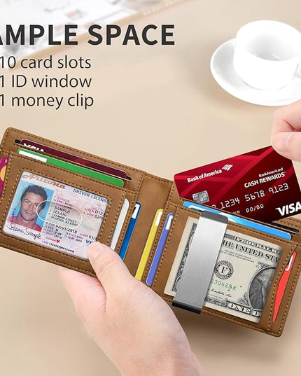 RUNBOX Slim Money Clip Wallets for Men RFID Blocking 11 Card Holder Minimalist Small Leather Bifold Men's Front Pocket Wallet Gift Box