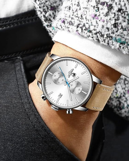 GOLDEN HOUR Mens Watch Fashion Sleek Minimalist Quartz Analog Mesh Stainless Steel Waterproof Chronograph Watches for Men with Auto Date