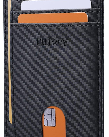 Buffway Slim Minimalist Front Pocket RFID Blocking Leather Wallets for Men and Women - Carbon Fiber Black