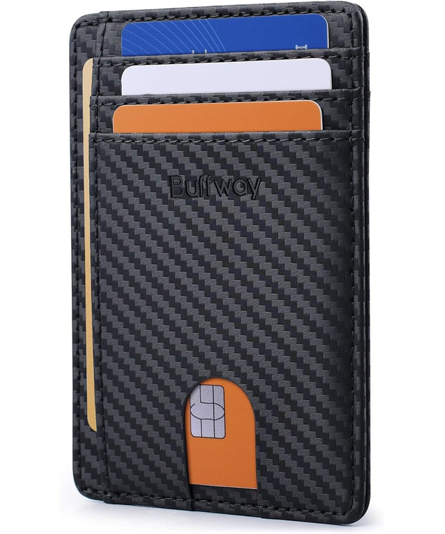 Buffway Slim Minimalist Front Pocket RFID Blocking Leather Wallets for Men and Women - Carbon Fiber Black