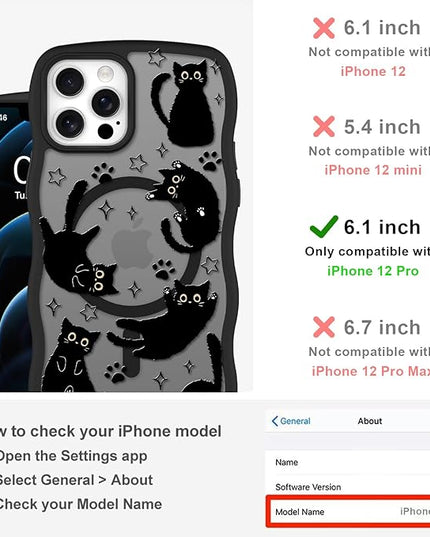 Cute Case for iPhone 12 Pro Case [Compatible with MagSafe] with Kawaii Black Cats Cat Print Pattern Design for Women Girls, Soft Wavy Edge Anti-Slip Animal Magnetic Protective Phone Cover