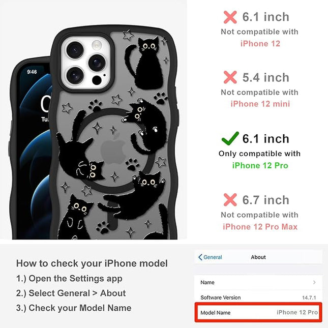 Cute Case for iPhone 12 Pro Case [Compatible with MagSafe] with Kawaii Black Cats Cat Print Pattern Design for Women Girls, Soft Wavy Edge Anti-Slip Animal Magnetic Protective Phone Cover