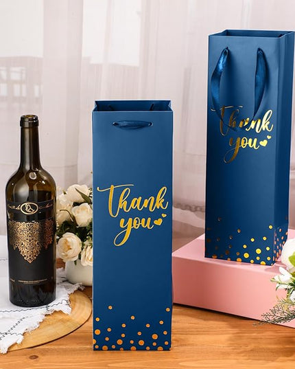 Ctosree 30 Pcs Wine Bottle Gift Bag with Handle 4.3x3.5x13.7 Liquor Paper Bag for Thank You Favor Gold Foil Kraft Whiskey Tote Carrier for Wedding Birthday Bridal Valentine's day Party(Business Blue)