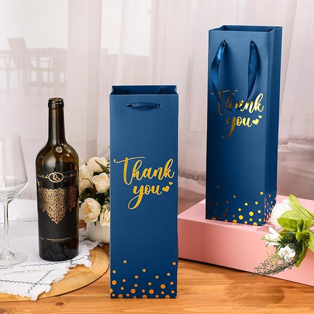 Ctosree 30 Pcs Wine Bottle Gift Bag with Handle 4.3x3.5x13.7 Liquor Paper Bag for Thank You Favor Gold Foil Kraft Whiskey Tote Carrier for Wedding Birthday Bridal Valentine's day Party(Business Blue)
