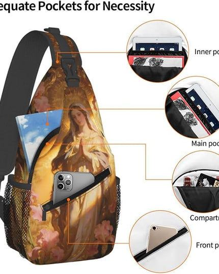 Our Lady of Guadalupe Sling Bag Crossbody Bags Clovers Chest Bag for Travel Hiking for Men Women Golden Mary 7