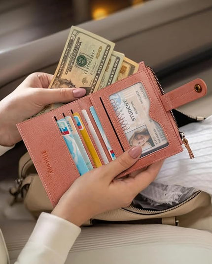 Blucoay Leather Wallet Women,RFID Blocking Small Wallets for Women Bifold Compact Card Holder With Zipper Coin Pocket ID Window Pink