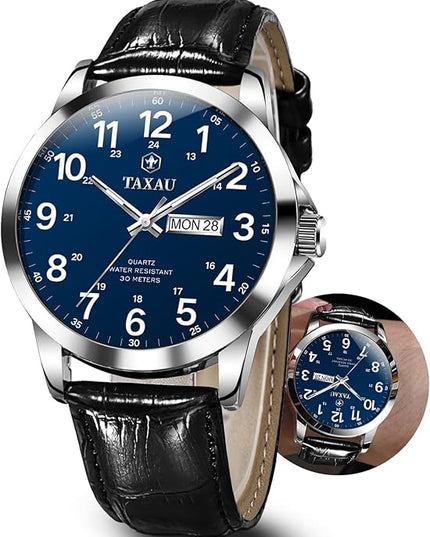 Men's Watches Leather Band Stainless Steel Quartz Analog Watch Luxury Waterproof Watches for Men Dress Men's Wrist Watch with Day Date Arabic Numeral Relojes para Hombre